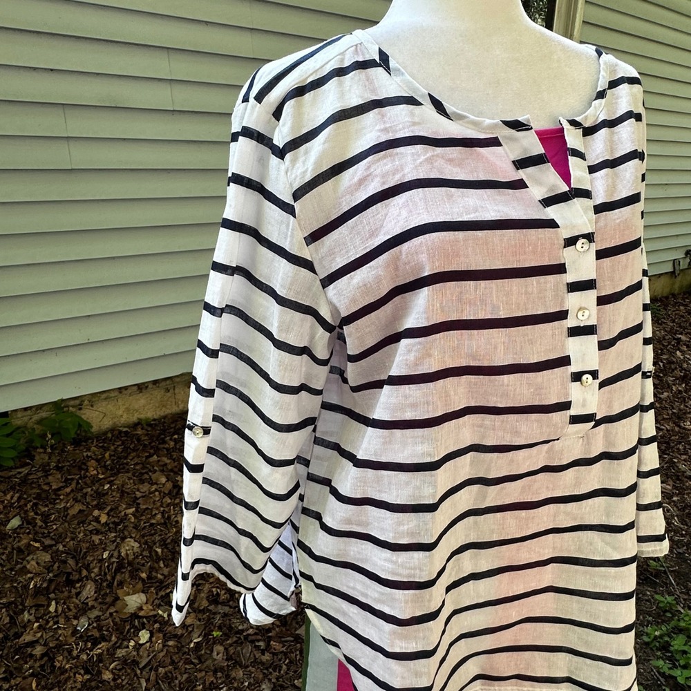 Hester & Orchard Linen Blend Tunic Top B&W Striped 3/4 Sleeve Button‎ Up Size L - Picture 6 of 12